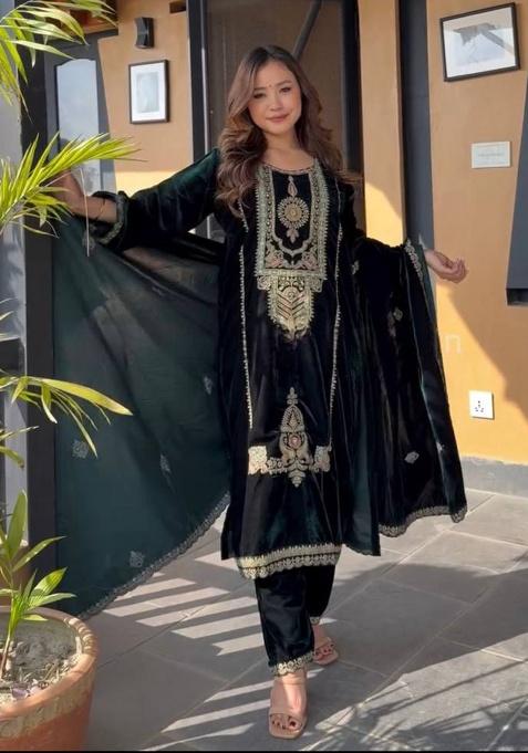 Wine Embroidery Velvet Kurta Set