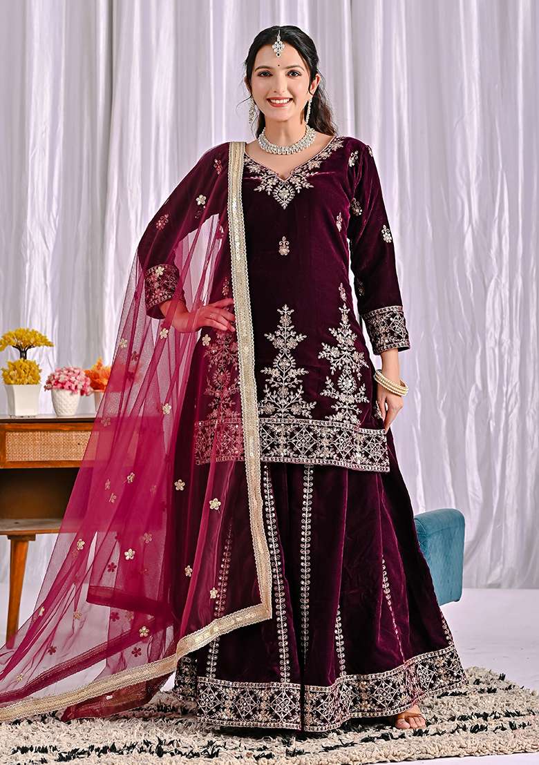 Wine Embroidered Velvet Sharara Set - Indya
