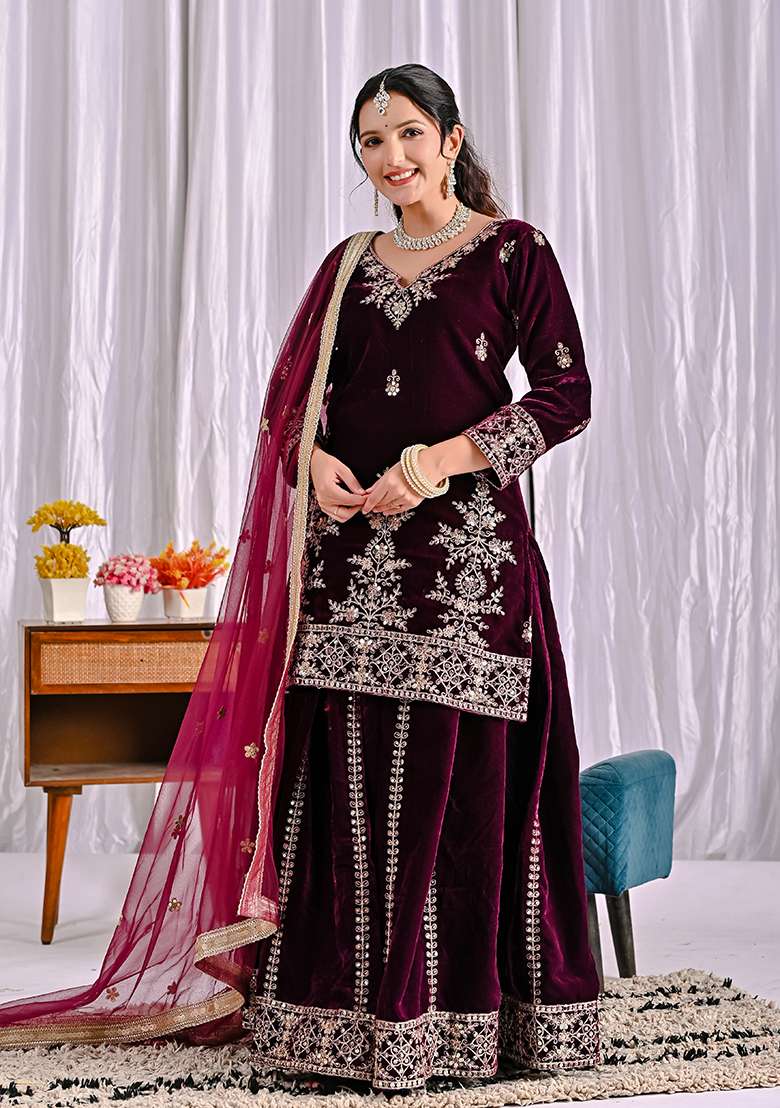 Wine Embroidered Velvet Sharara Set - Indya
