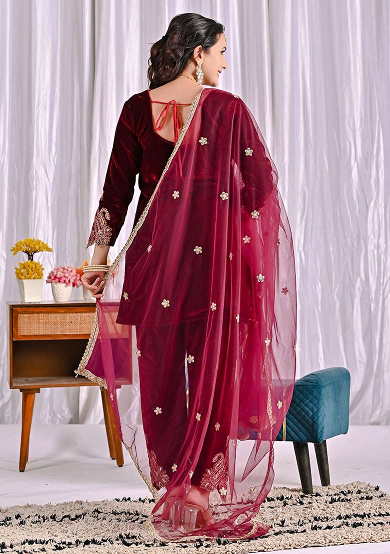 Wine Embroidered Velvet Sharara Set - Indya