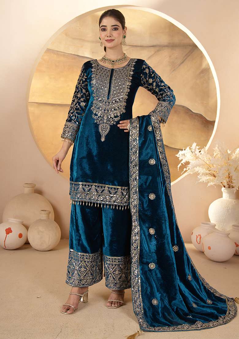 Wine Embroidered Velvet Pakistani Suit Set - Indya