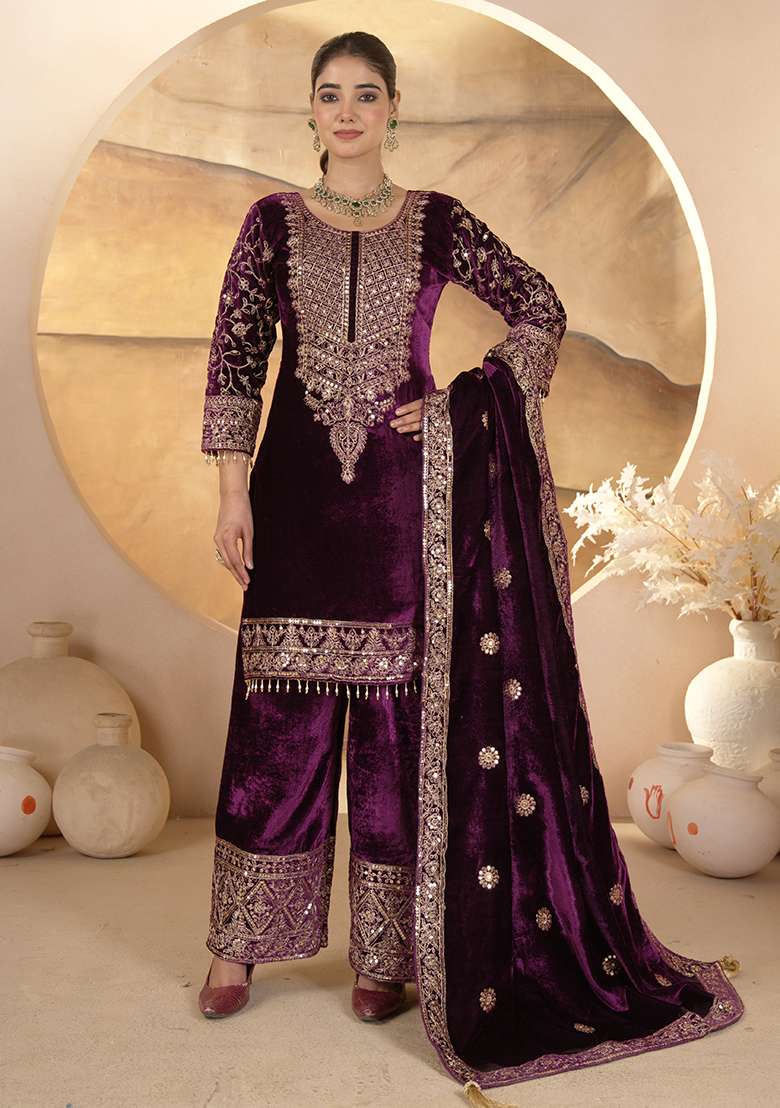Wine Embroidered Velvet Pakistani Suit Set - Indya