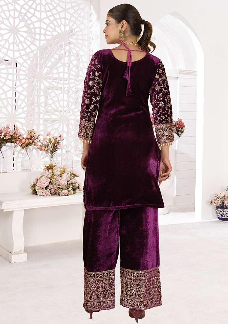 Wine Embroidered Velvet Pakistani Suit Set - Indya