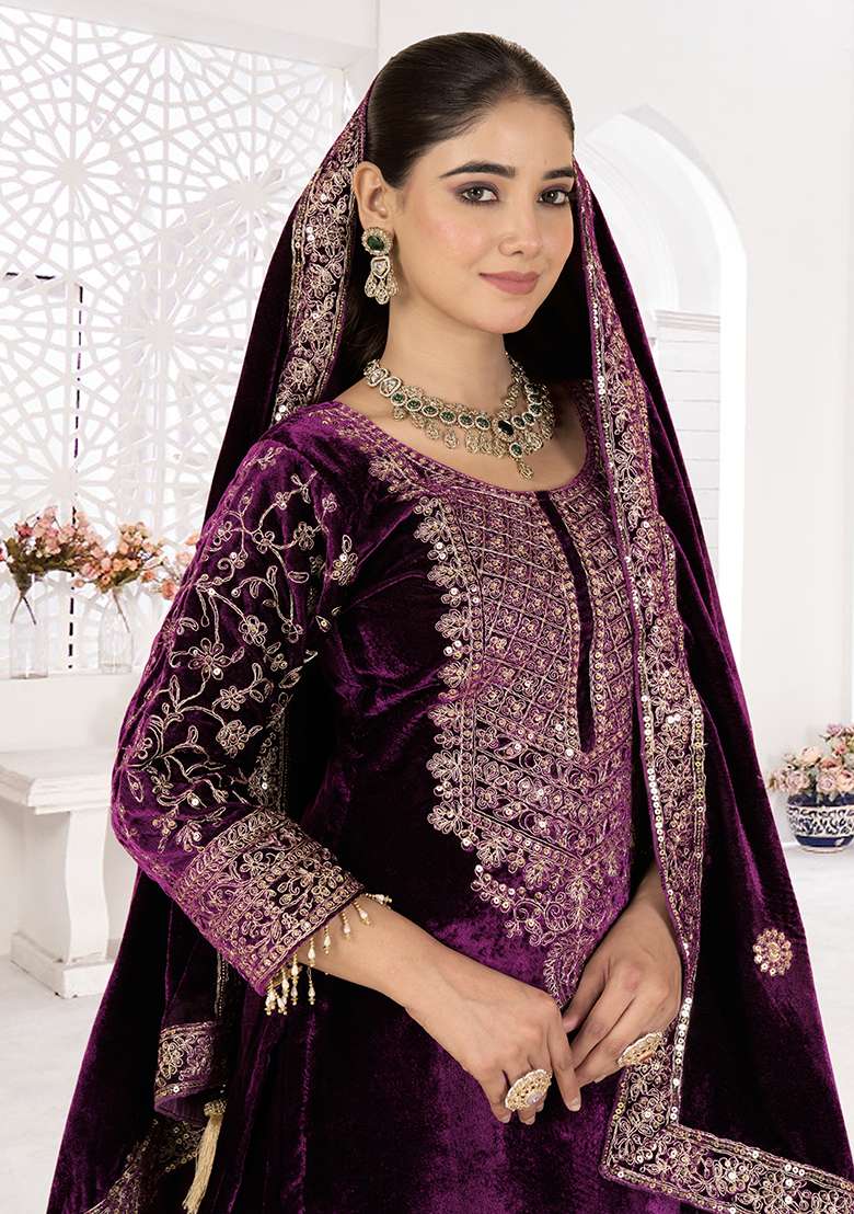 Wine Embroidered Velvet Pakistani Suit Set - Indya