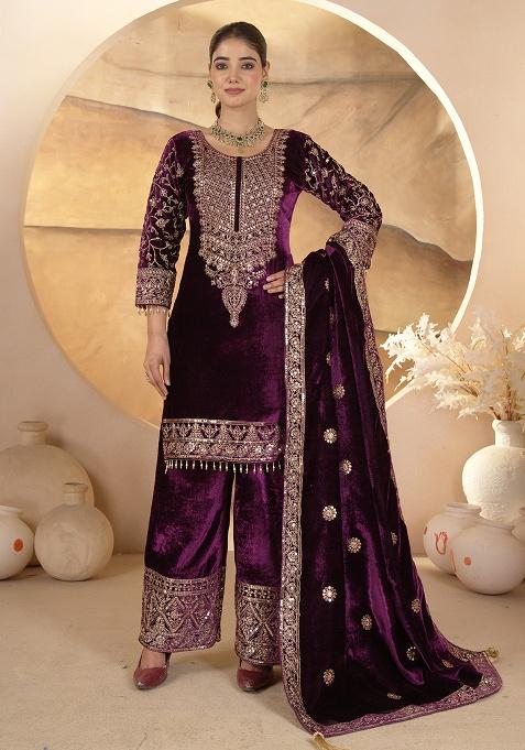 Wine Embroidery Velvet Kurta Set