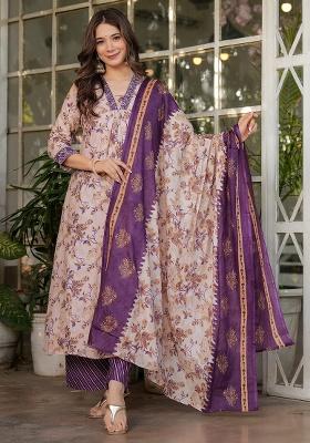 Cream Floral Print Cotton Blend Kurta Set