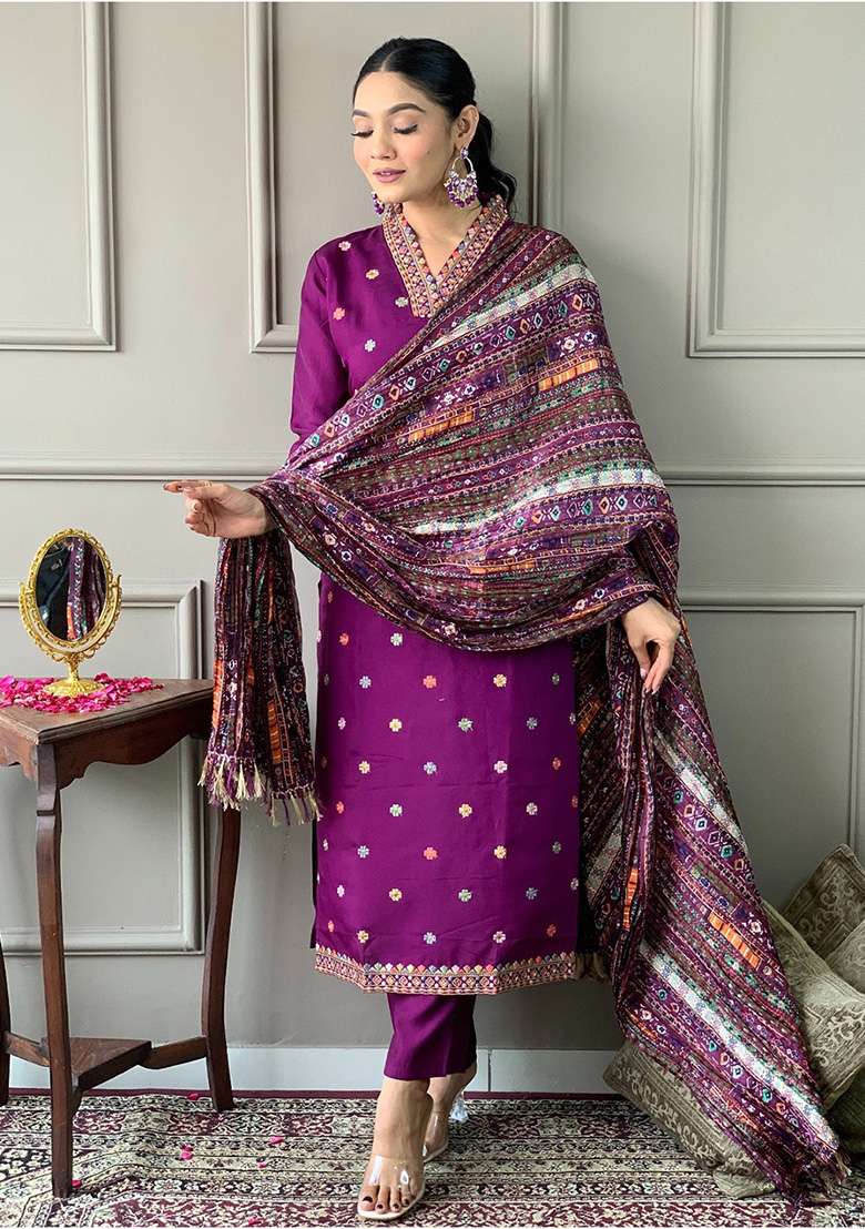 Purple Embroidered Viscose Straight Kurta Set - Indya