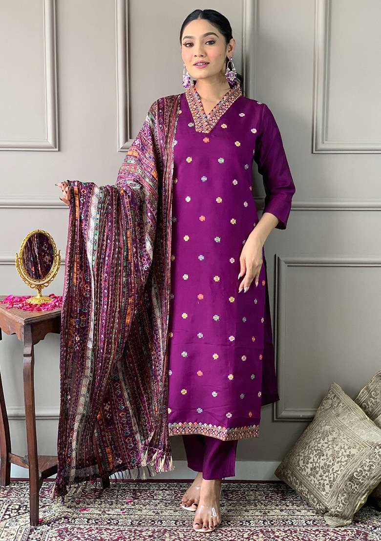 Purple Embroidered Viscose Straight Kurta Set - Indya