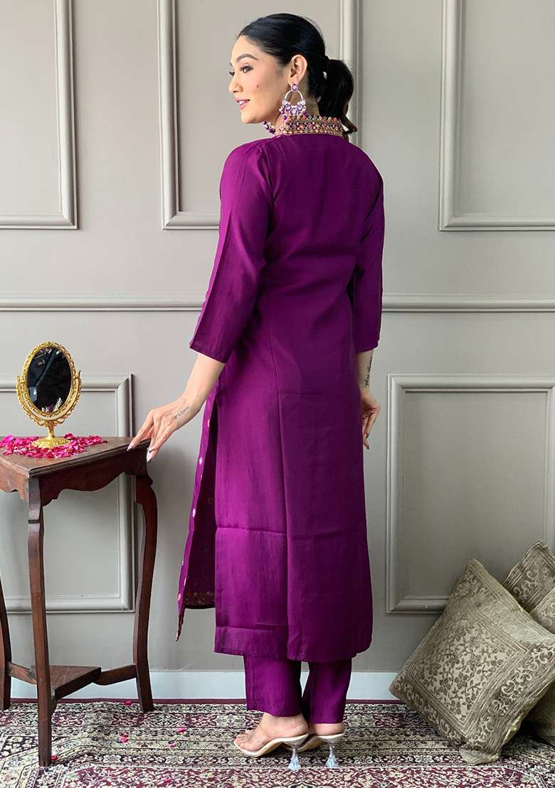 Purple Embroidered Viscose Straight Kurta Set - Indya