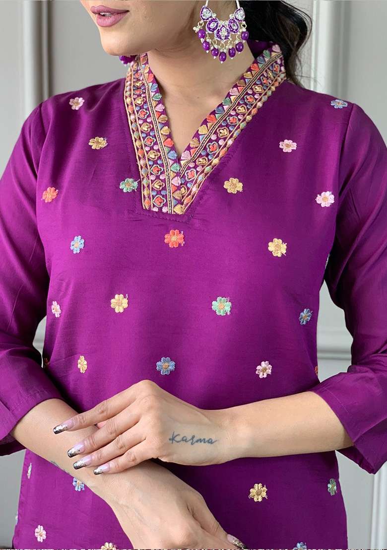 Purple Embroidered Viscose Straight Kurta Set - Indya