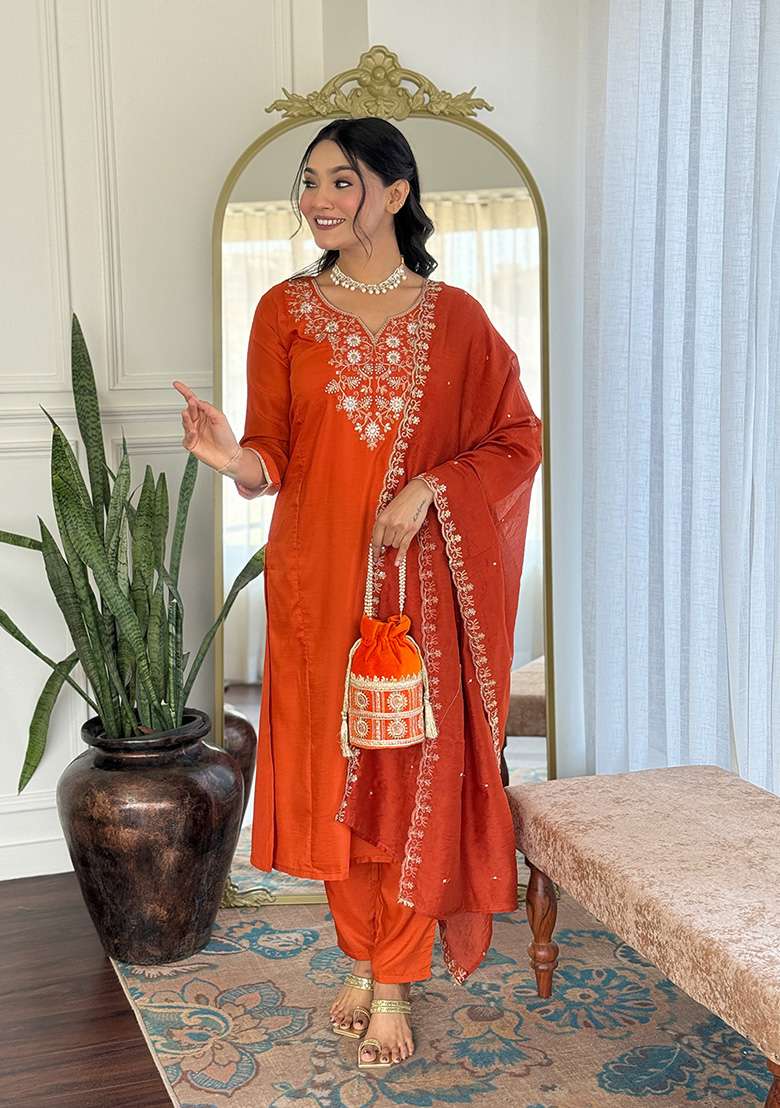Rust Embroidered Viscose Straight Kurta Set - Indya