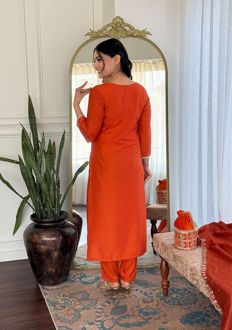 Rust Embroidered Viscose Straight Kurta Set - Indya