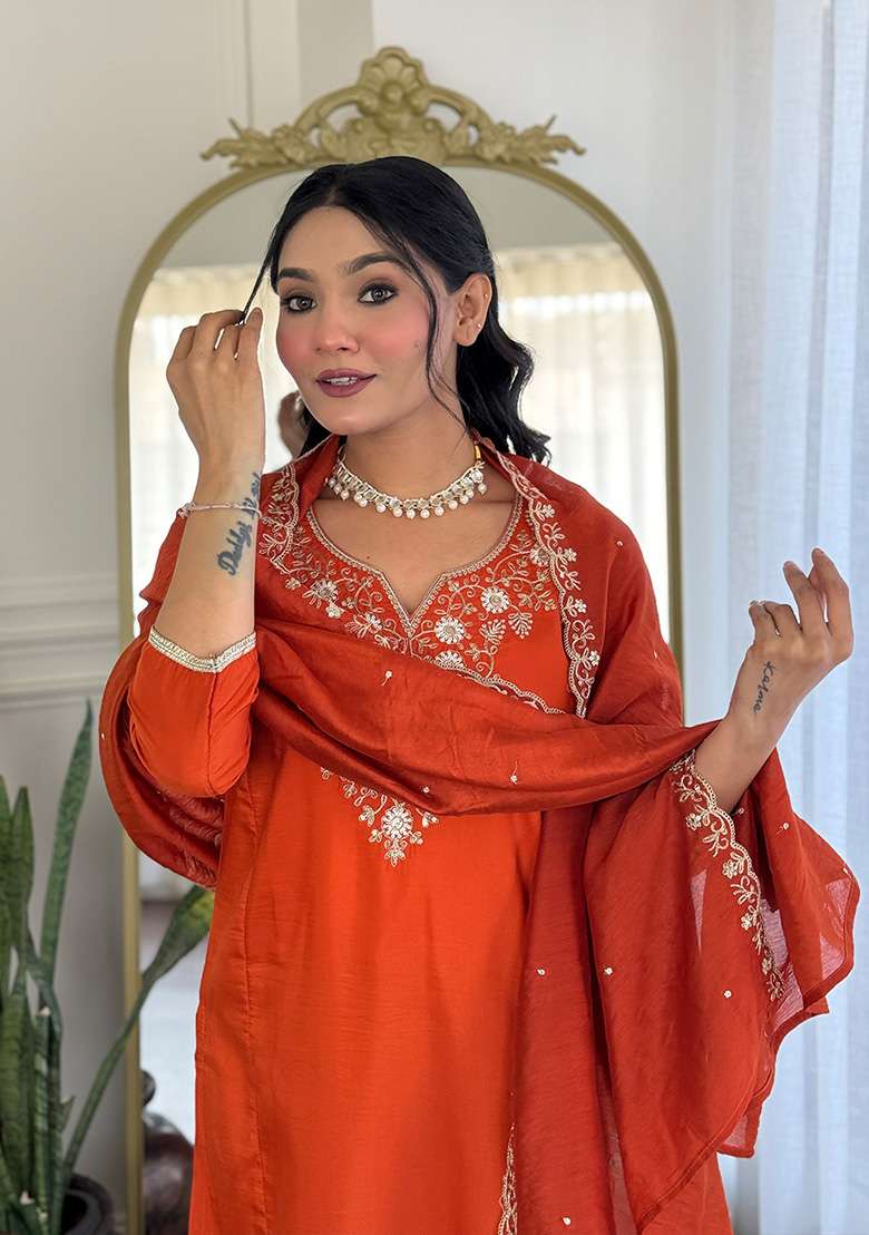 Rust Embroidered Viscose Straight Kurta Set - Indya