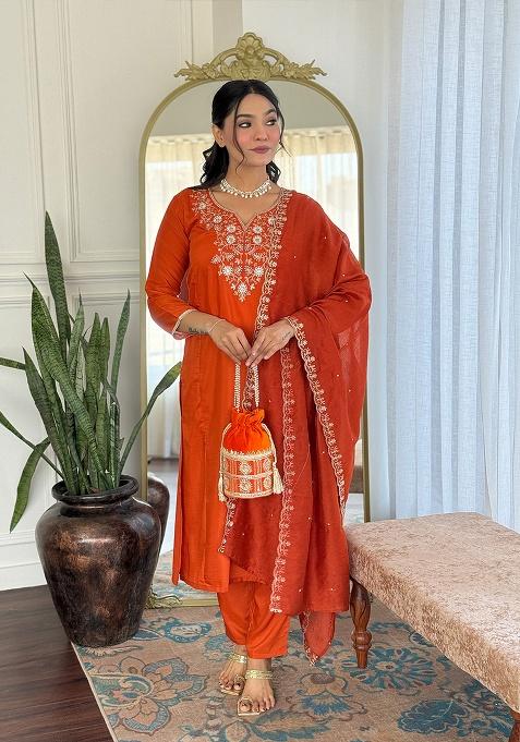 Rust Thread Work Viscose Kurta Set