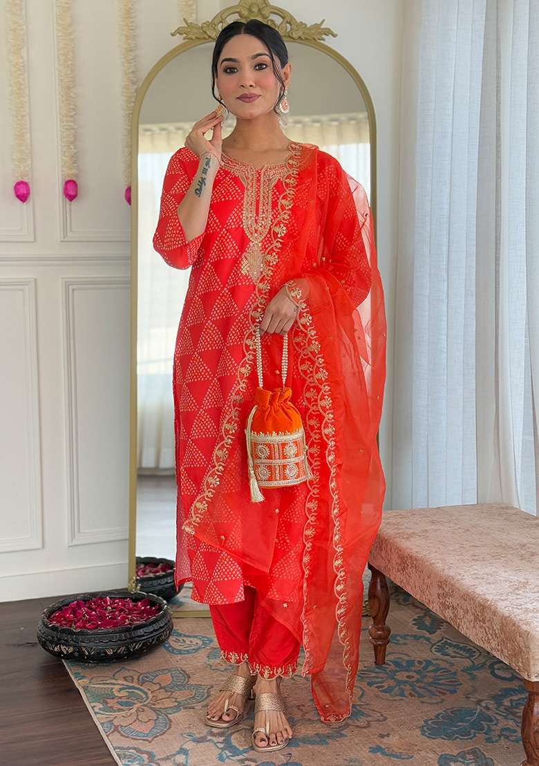 Red Bandhani Crepe Straight Kurta Set - Indya