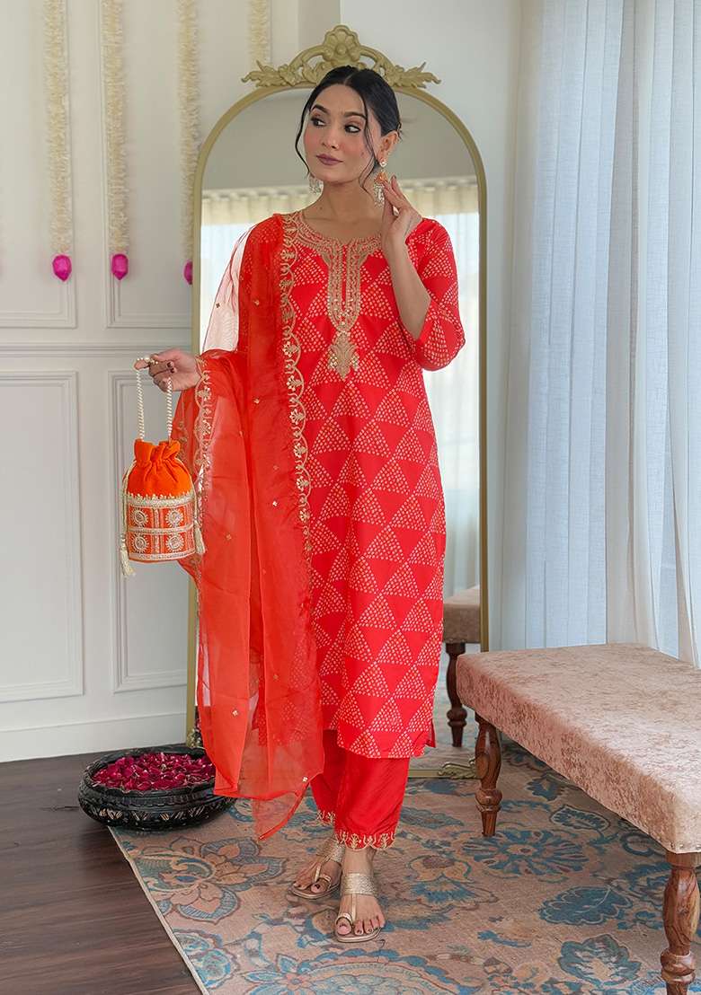 Red Bandhani Crepe Straight Kurta Set - Indya
