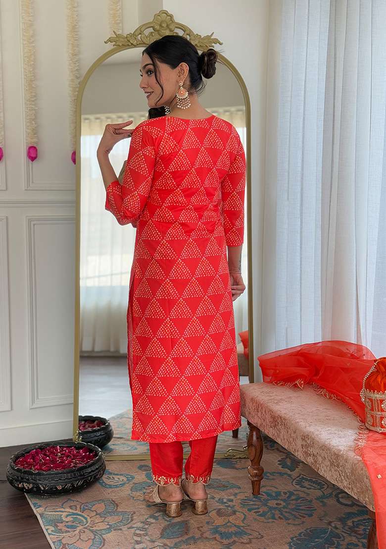 Red Bandhani Crepe Straight Kurta Set - Indya