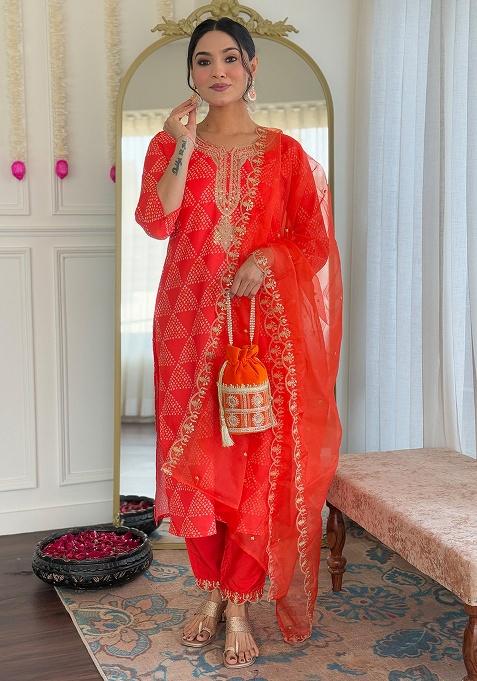 Red Dots Print Crepe Kurta Set