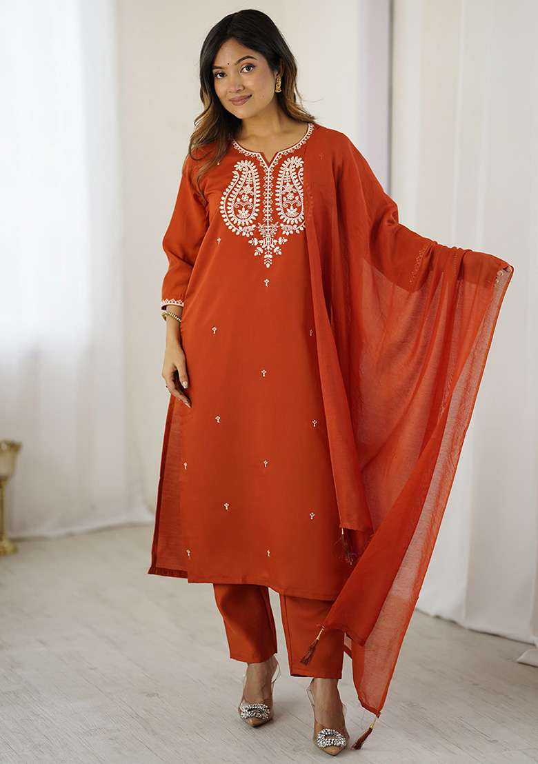 Rust Embroidered Silk Blend Straight Kurta Set - Indya