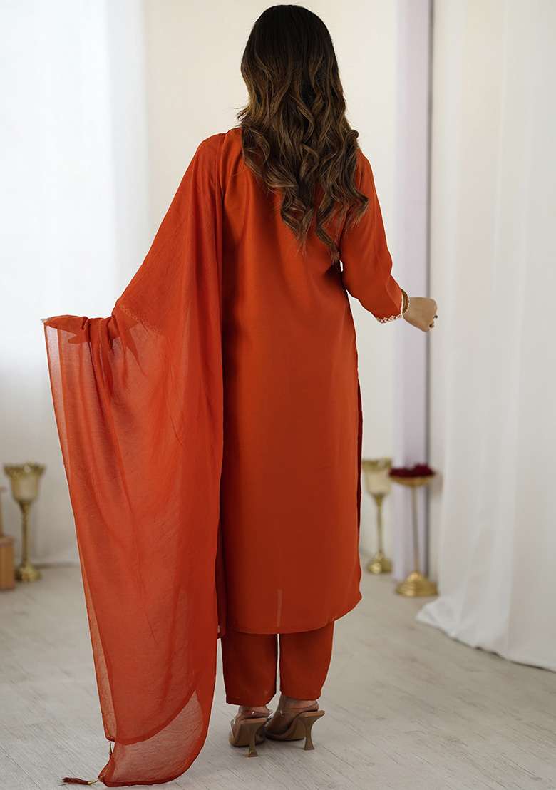 Rust Embroidered Silk Blend Straight Kurta Set - Indya