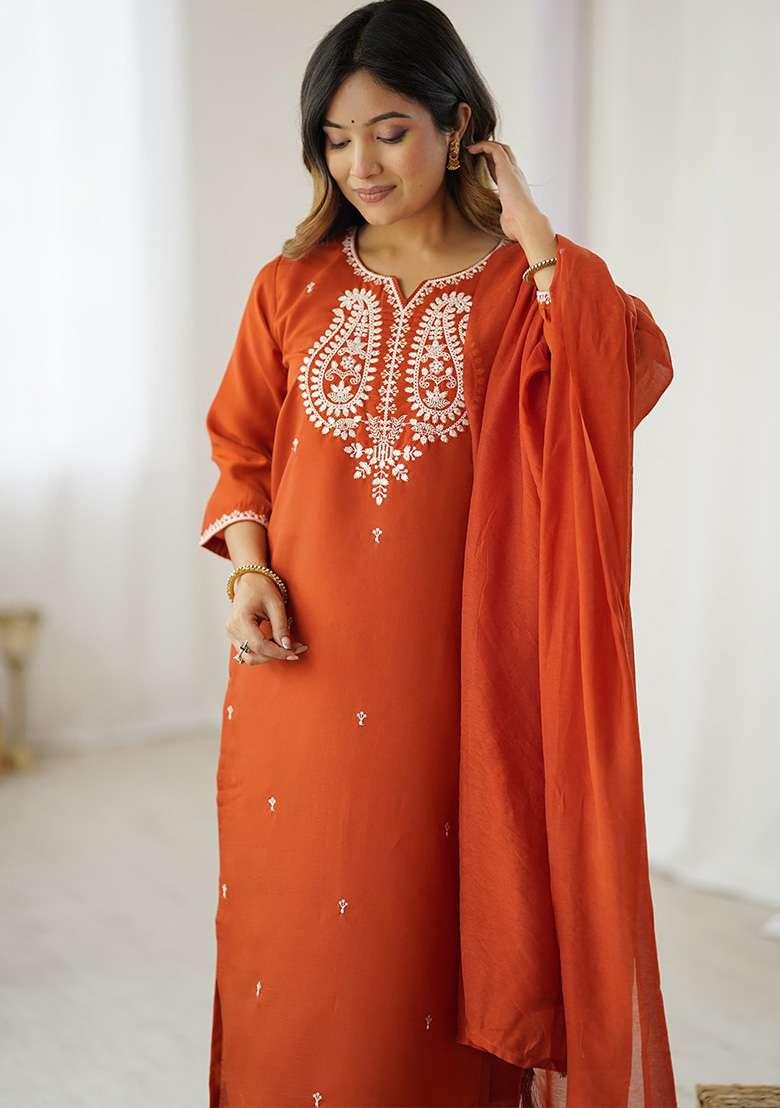 Rust Embroidered Silk Blend Straight Kurta Set - Indya