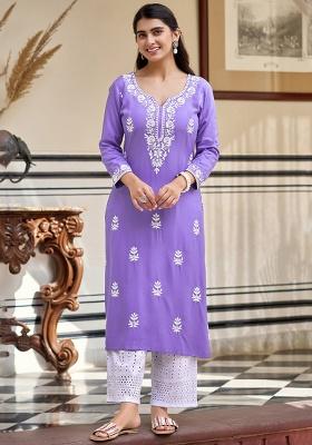 Lavender Chikankari Rayon Straight Kurta Set