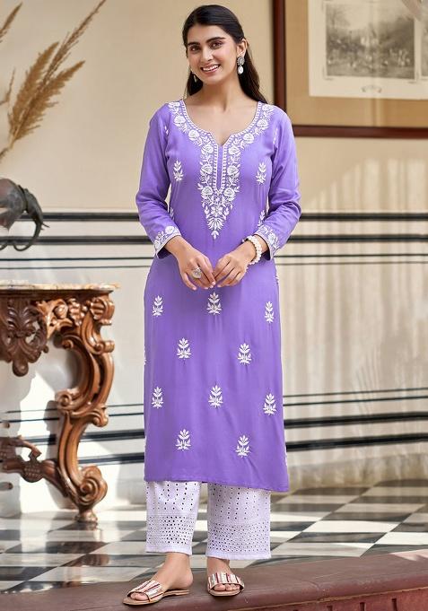 Lavender Thread Work Rayon Kurta Set