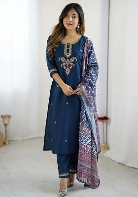 Navy Blue Thread Work Silk Kurta Set