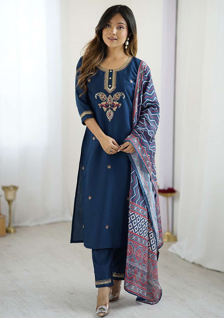 Navy Blue Embroidered Silk Blend Straight Kurta Set - Indya