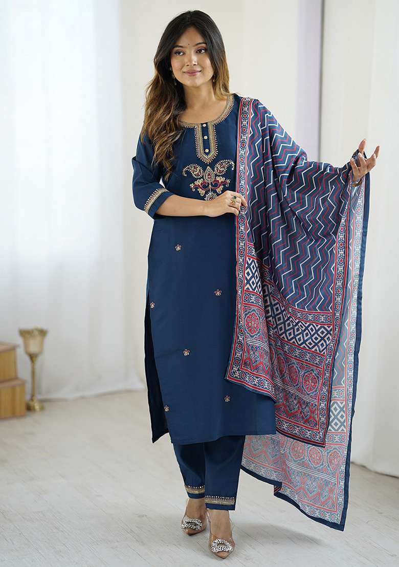 Navy Blue Embroidered Silk Blend Straight Kurta Set - Indya