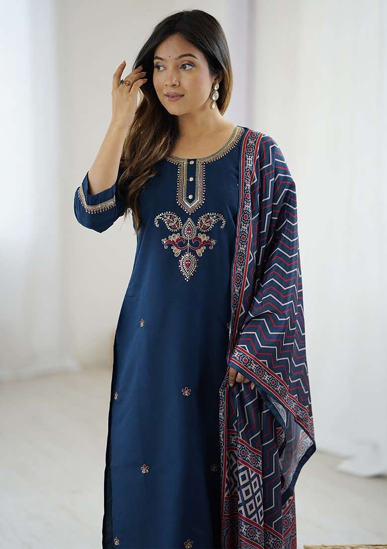 Navy Blue Embroidered Silk Blend Straight Kurta Set - Indya