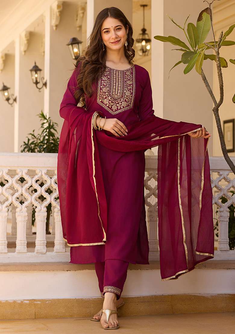 Maroon Embroidered Rayon Straight Kurta Set - Indya