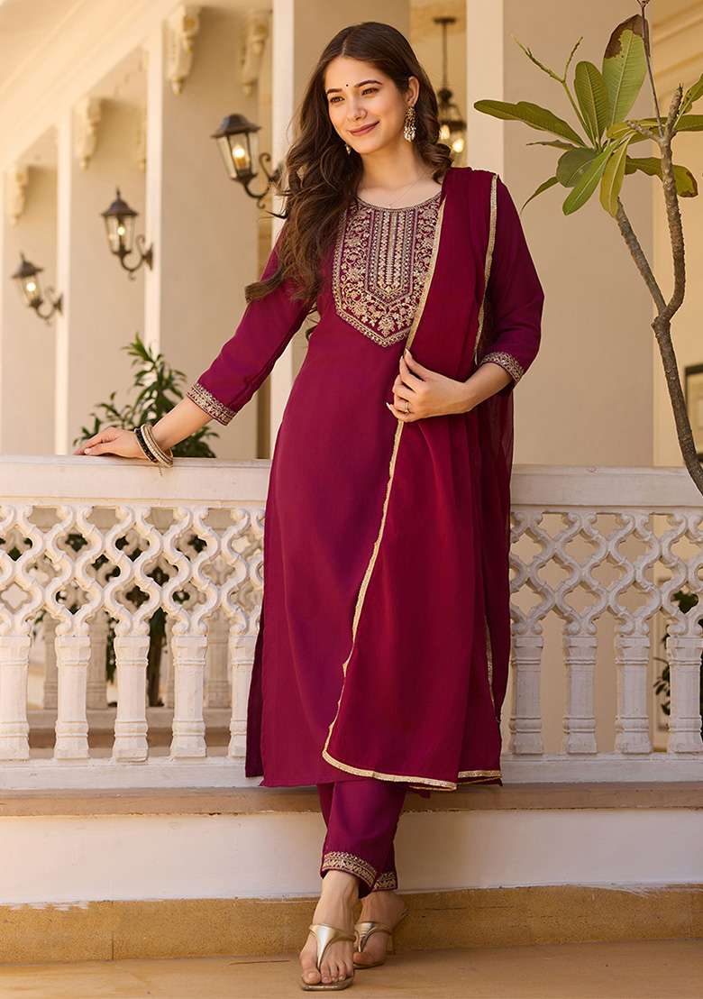 Maroon Embroidered Rayon Straight Kurta Set - Indya