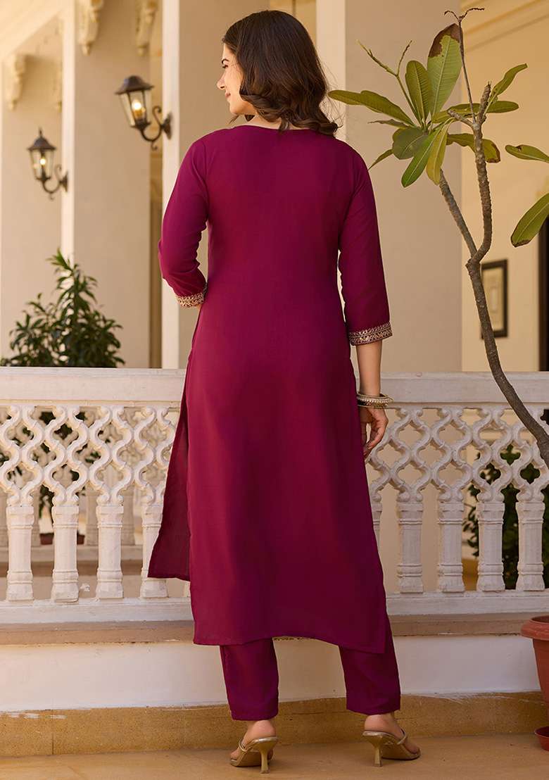Maroon Embroidered Rayon Straight Kurta Set - Indya