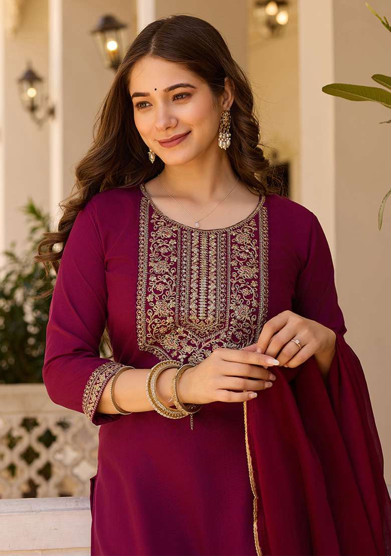 Maroon Embroidered Rayon Straight Kurta Set - Indya