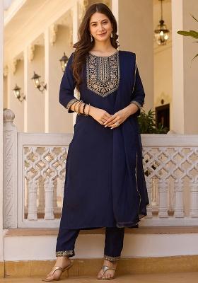 Navy Blue Thread Work Rayon Kurta Set