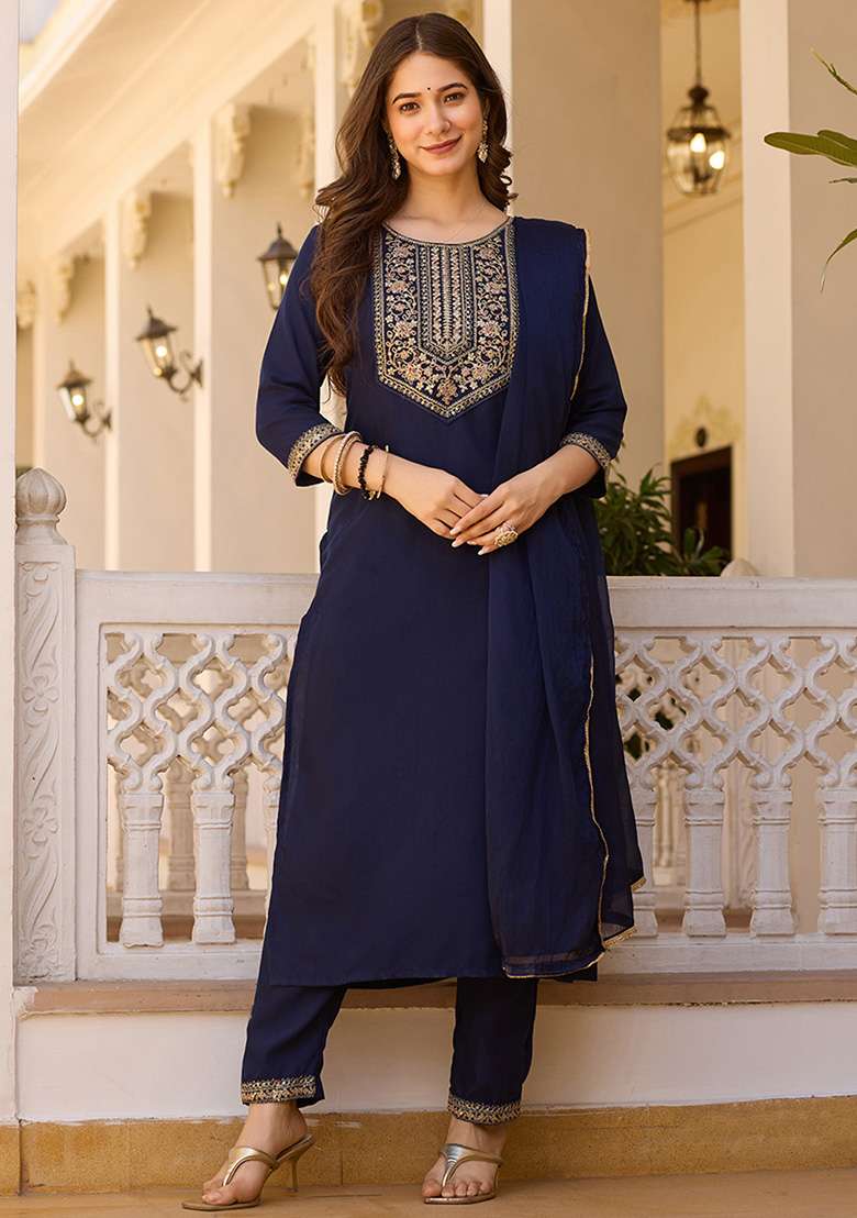 Navy Blue Embroidered Rayon Straight Kurta Set - Indya