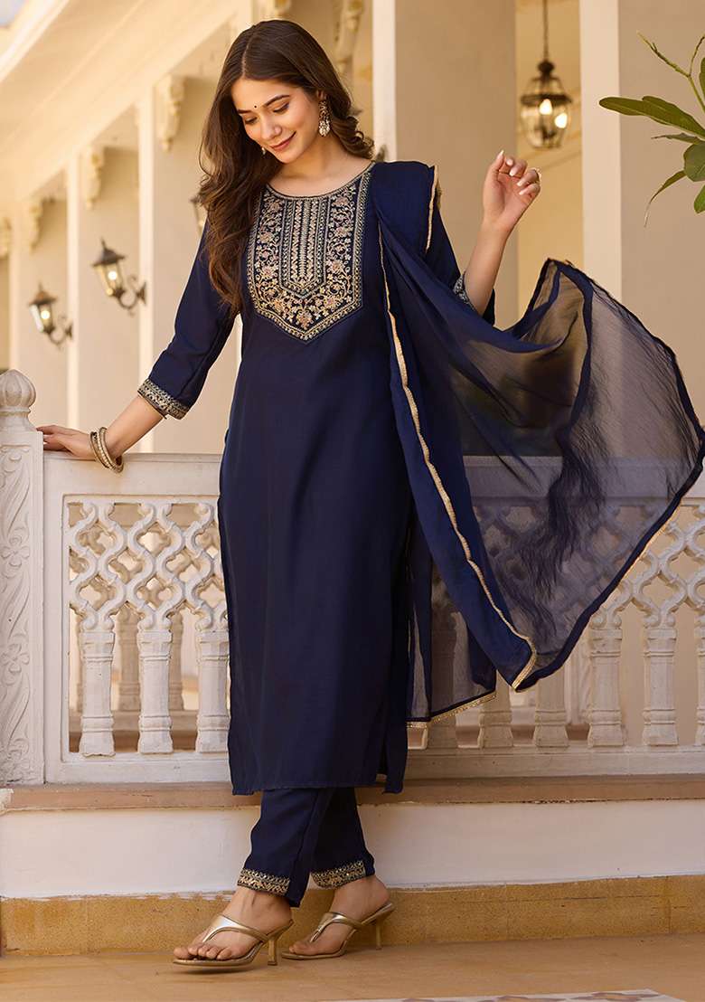 Navy Blue Embroidered Rayon Straight Kurta Set - Indya