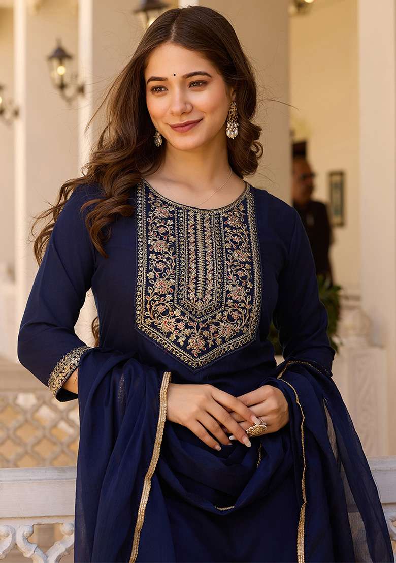 Navy Blue Embroidered Rayon Straight Kurta Set - Indya