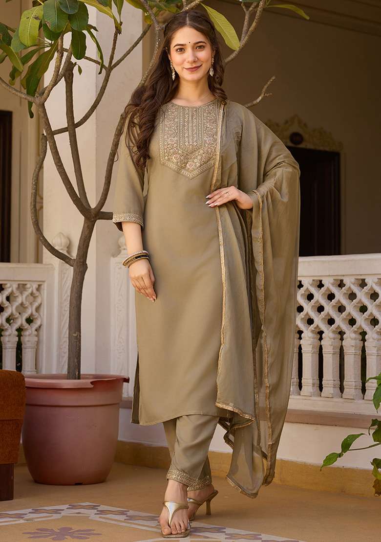 Olive Embroidered Rayon Straight Kurta Set - Indya
