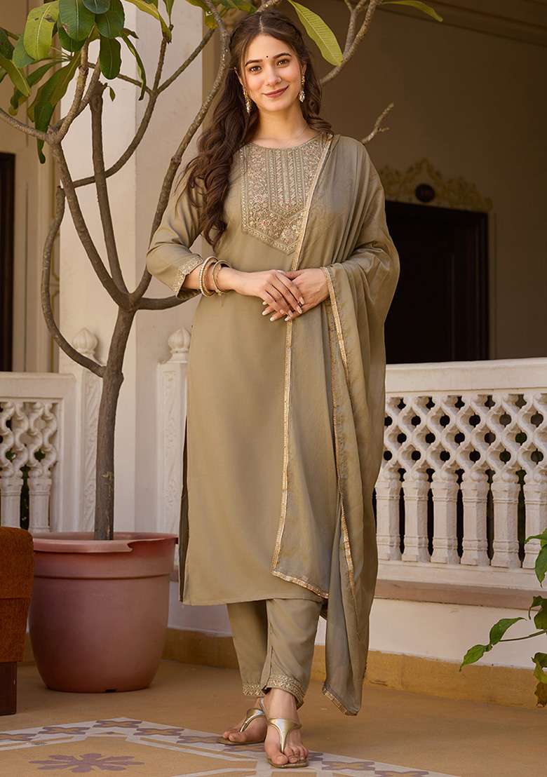 Olive Embroidered Rayon Straight Kurta Set - Indya