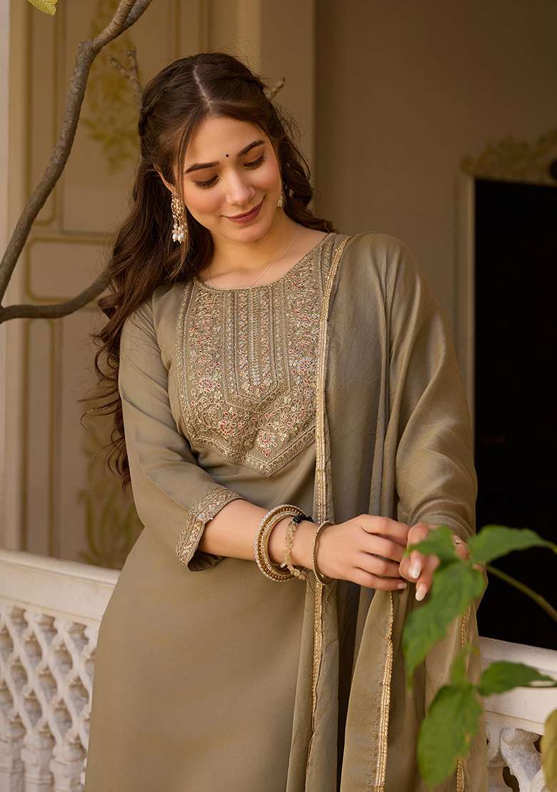 Olive Embroidered Rayon Straight Kurta Set - Indya