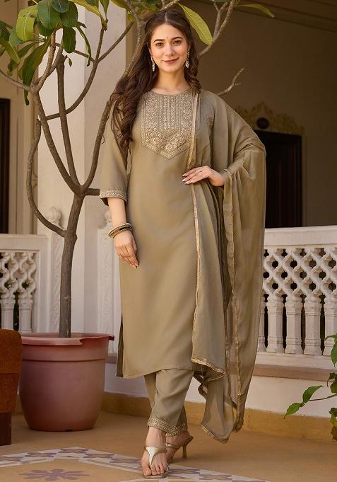 Olive Thread Work Rayon Kurta Set