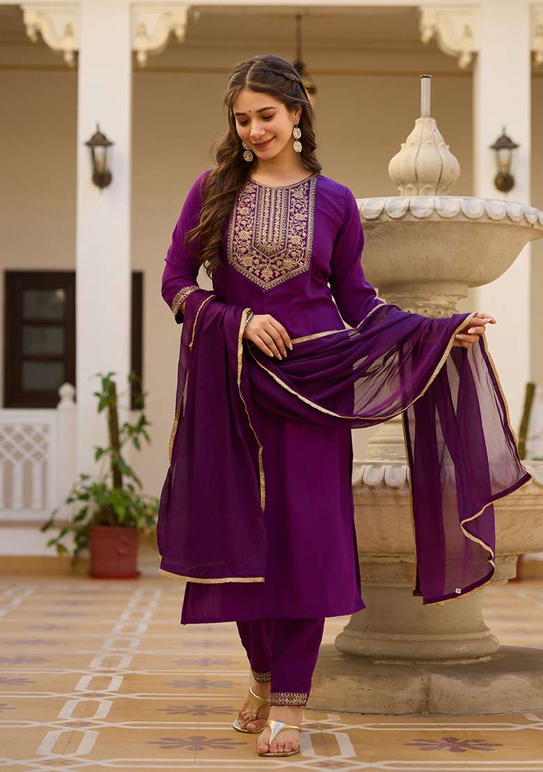 Wine Embroidered Rayon Straight Kurta Set - Indya
