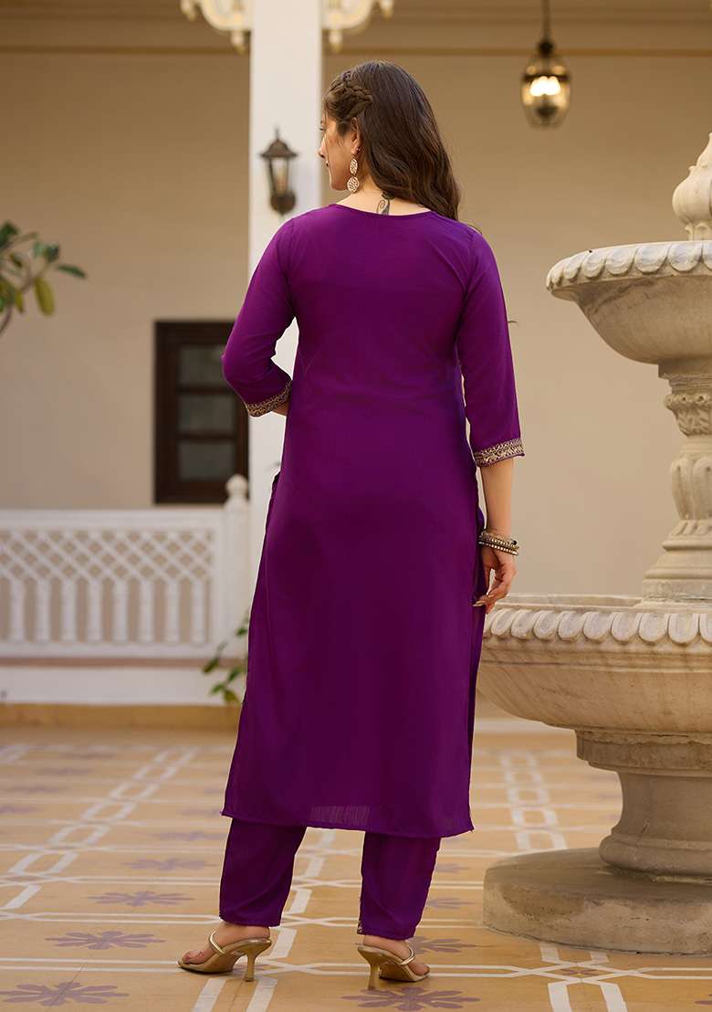 Wine Embroidered Rayon Straight Kurta Set - Indya