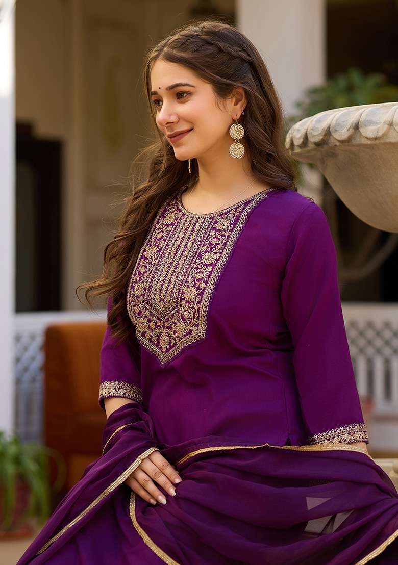 Wine Embroidered Rayon Straight Kurta Set - Indya