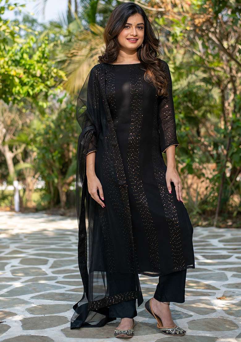 Black Sequin Work Georgette Straight Kurta Set - Indya
