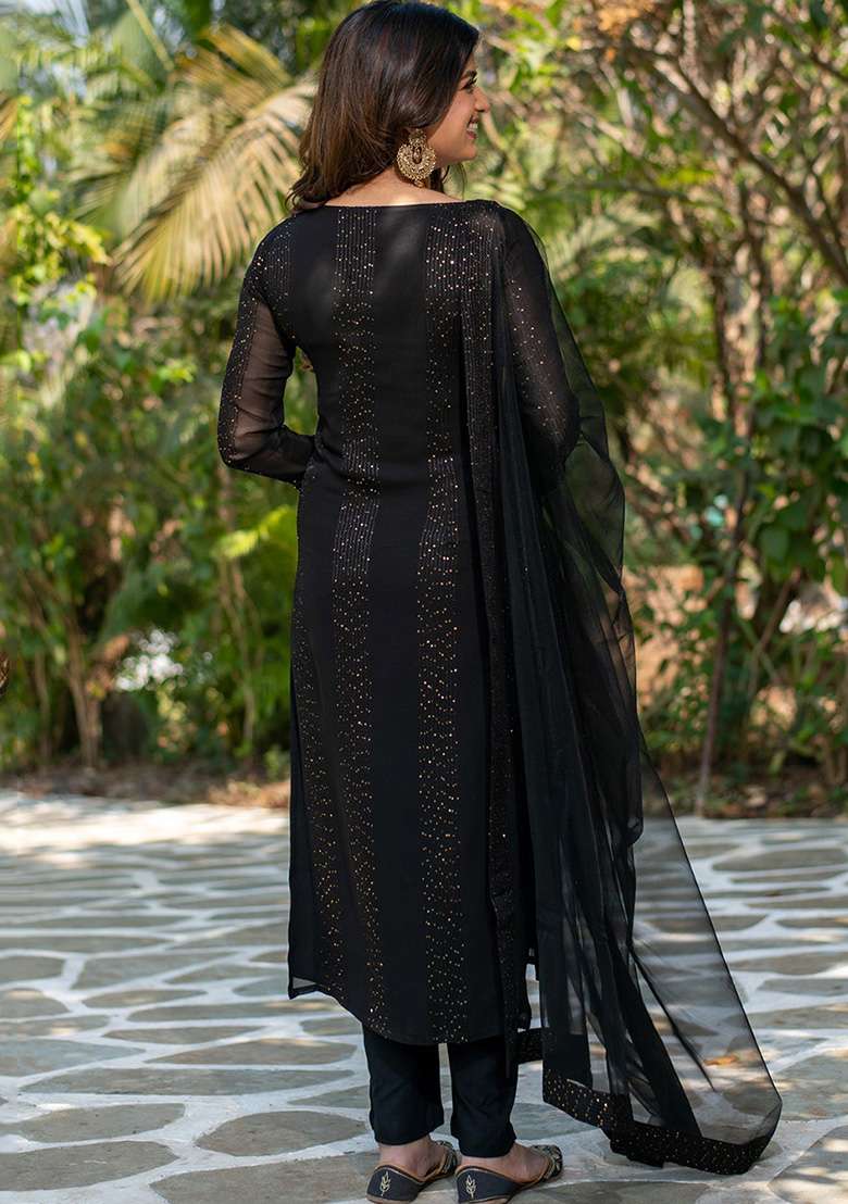 Black Sequin Work Georgette Straight Kurta Set - Indya
