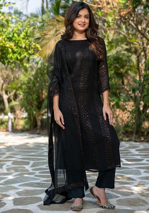 Black Thread Work Georgette Kurta Set