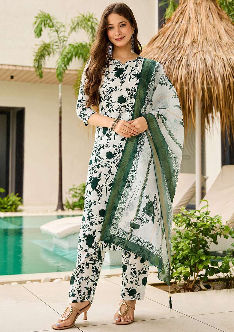 Off White Floral Print Silk Straight Kurta Set - Indya